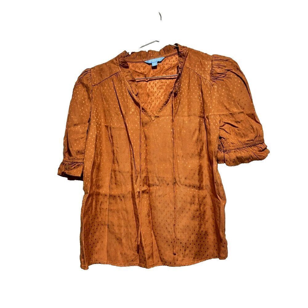 Draper James RSVP Womens Blouse Top Brown S Polka Dot V Neck 3/4 Puff Sleeve